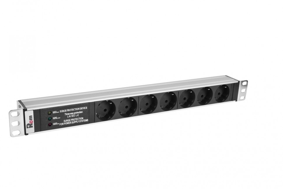 Блок розеток Rem-10 без шнура с фил. и инд., 7 Sсhuko, вход IEC 60320 C14, 10A, алюм., 19"